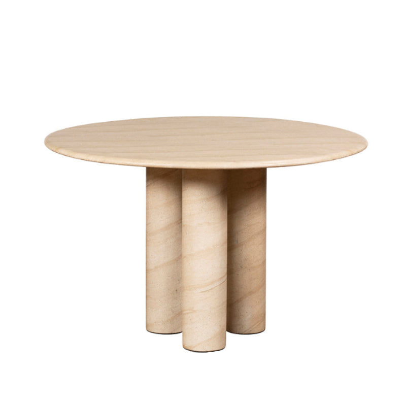 Round wooden table with three cylindrical legs on a white background