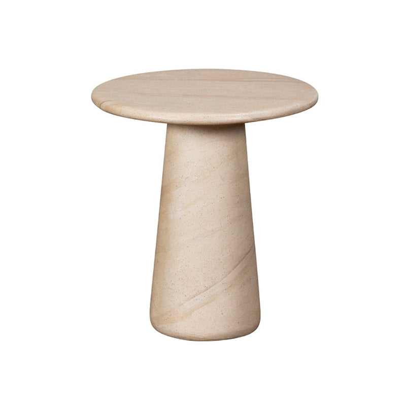 Beige side table with a cylindrical base on a white background