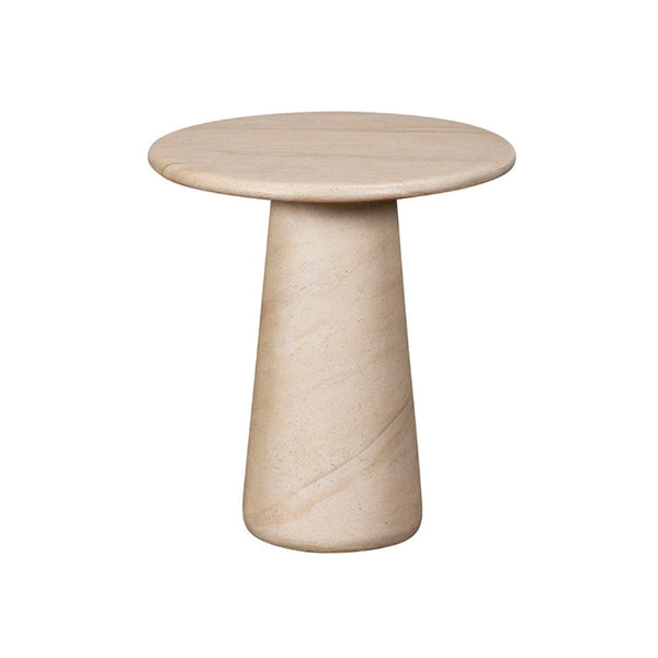 Beige side table with a cylindrical base on a white background
