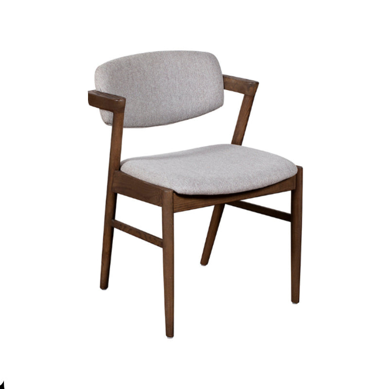 Chair with wooden frame and gray cushion on a white background