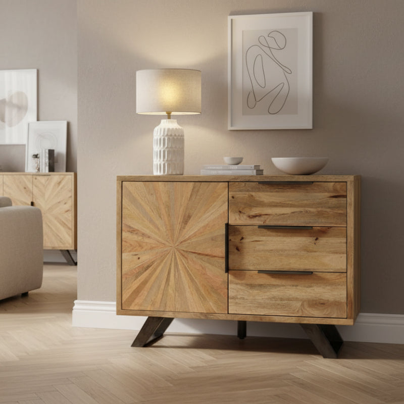 Wooden sideboard with starburst design on a white background