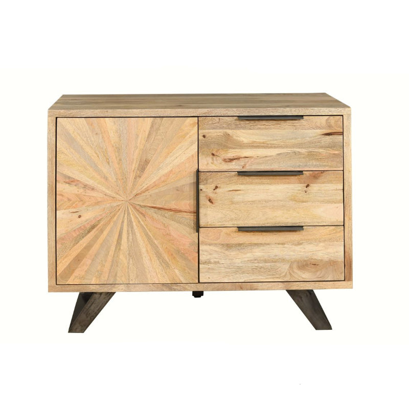 Wooden sideboard with starburst design on a white background