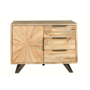 Wooden sideboard with starburst design on a white background
