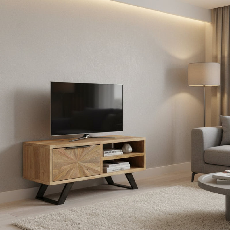 Wooden TV stand with a starburst design on a white background