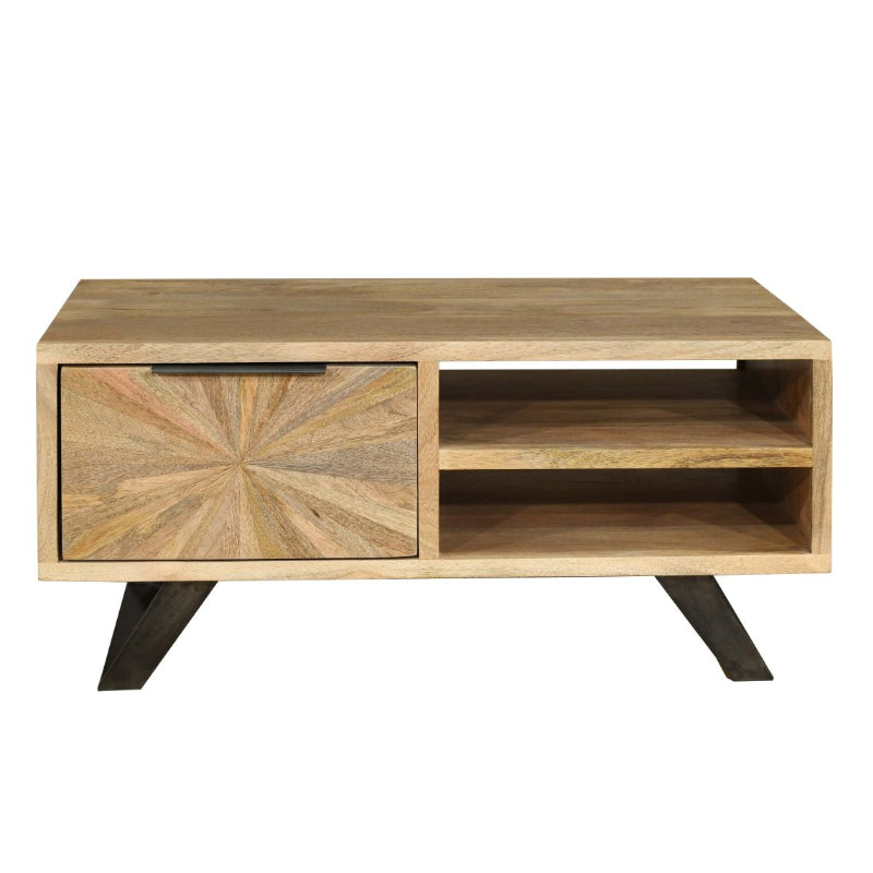 Wooden TV stand with a starburst design on a white background