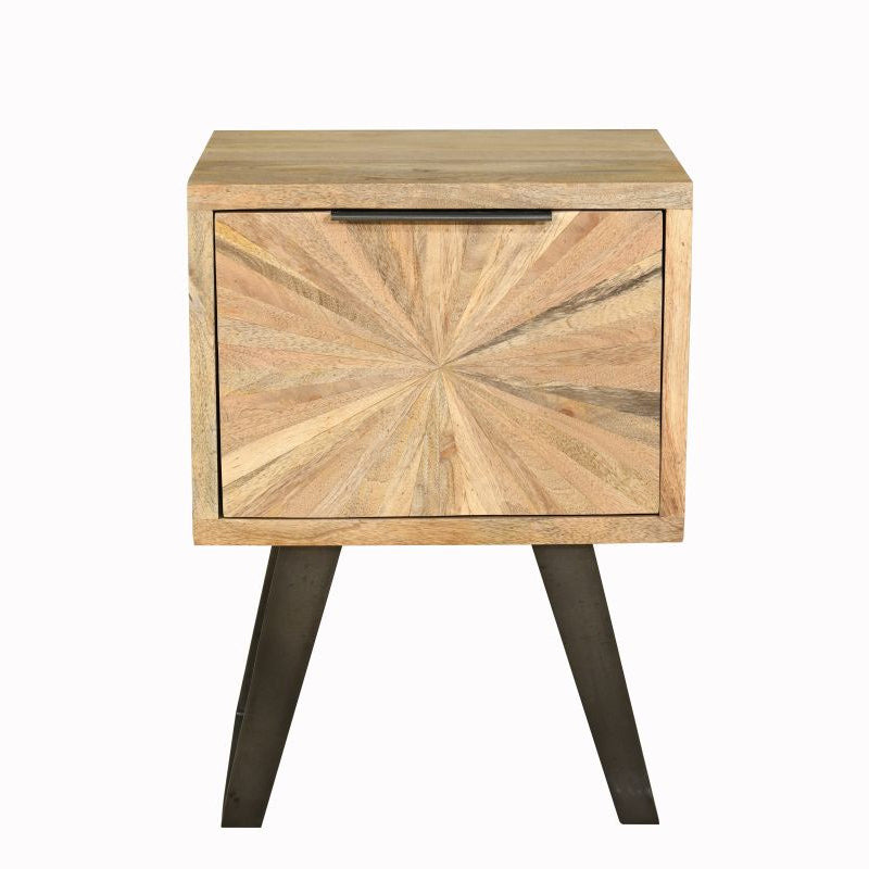 Wooden side table with starburst pattern on a white background