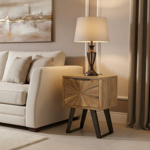 Wooden side table with starburst pattern on a white background