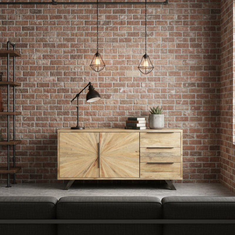 Wooden sideboard with sunburst pattern and metal legs on a white background