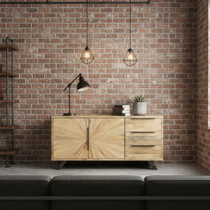 Wooden sideboard with sunburst pattern and metal legs in a room setting