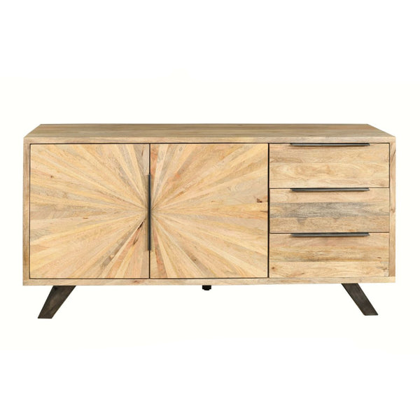 Wooden sideboard with sunburst pattern and metal legs on a white background
