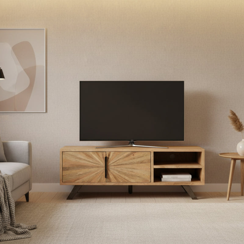 Wooden TV stand with starburst design on a white background