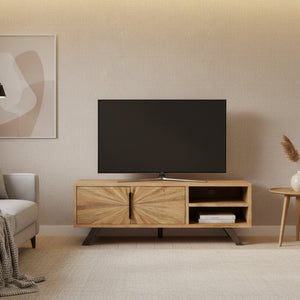 Wooden TV stand with starburst design on a white background