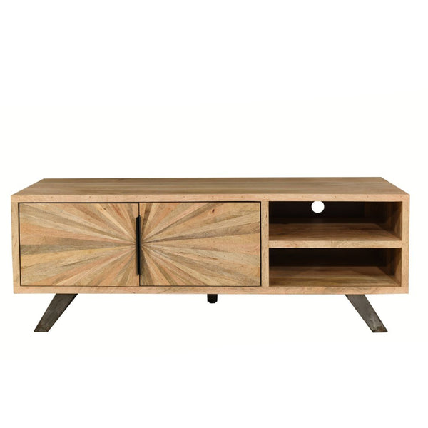 Wooden TV stand with starburst design on a white background