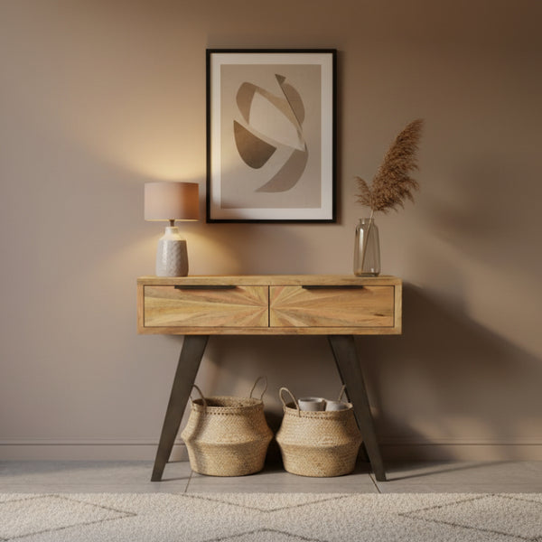 Wooden console table with two drawers on a white background