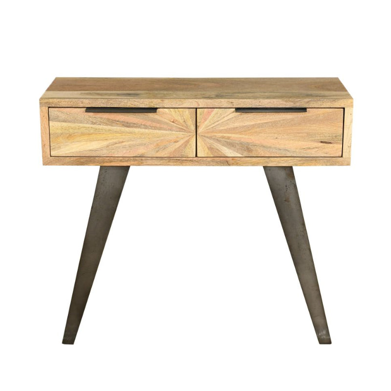Wooden console table with two drawers on a white background
