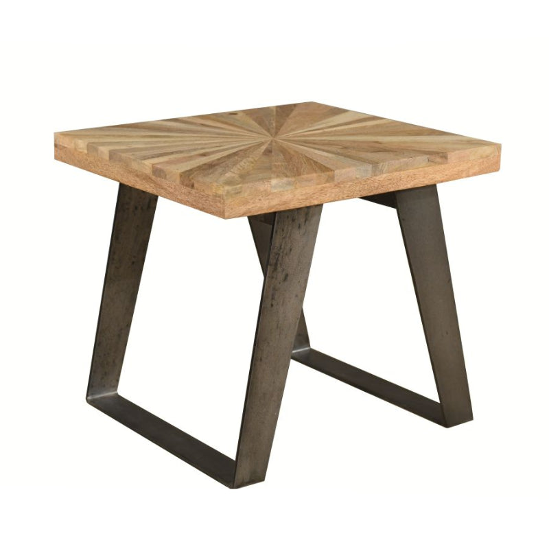 Wooden side table with starburst pattern on a white background