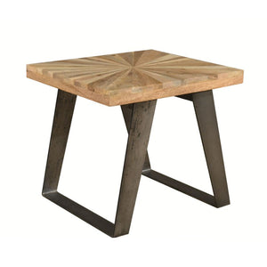 Wooden side table with starburst pattern on a white background