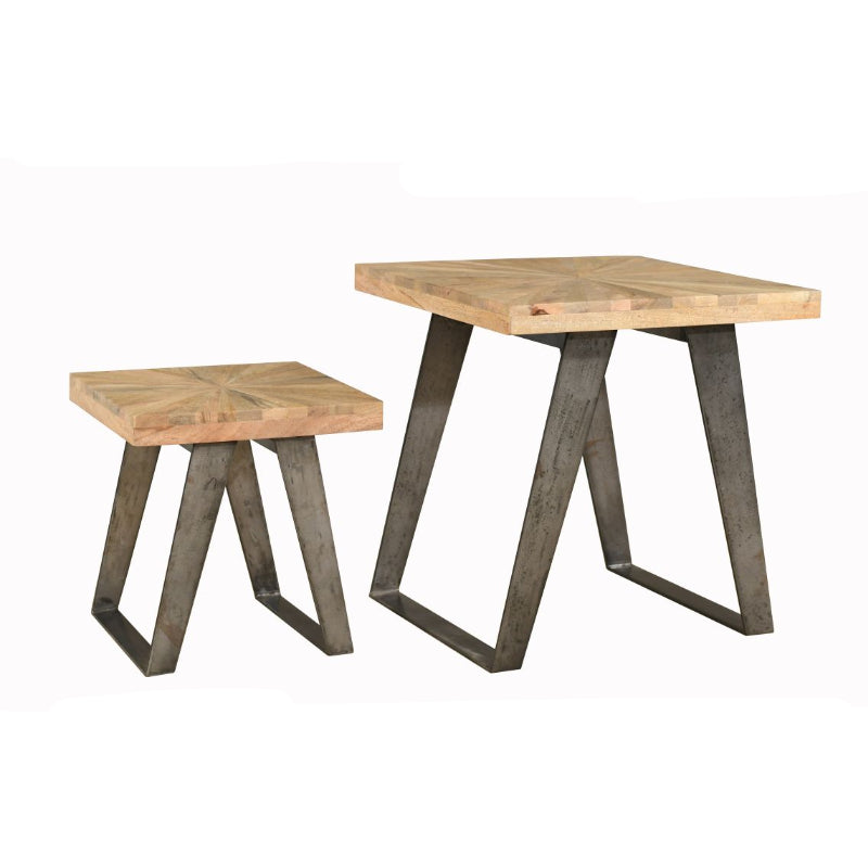 Two wooden tables with metal legs on a white background