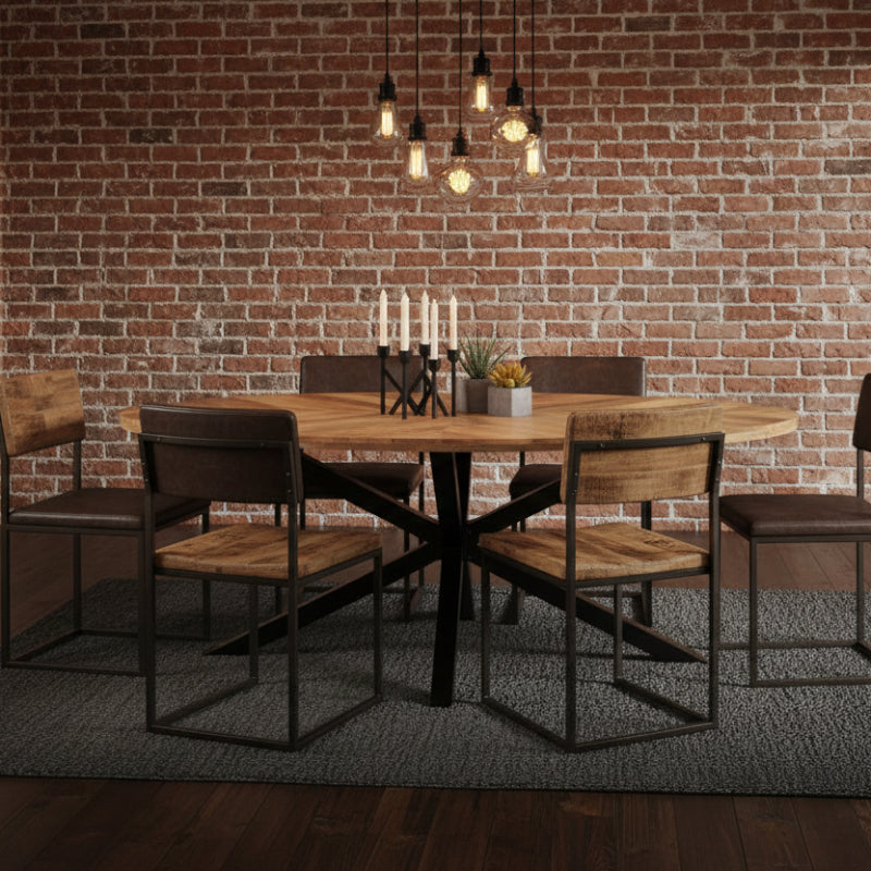 Oval wooden table with black metal legs on a white background