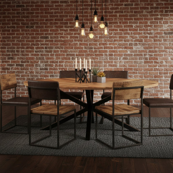 Oval wooden table with black metal legs on a white background