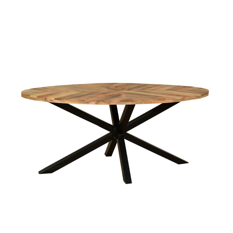 Oval wooden table with black metal legs on a white background