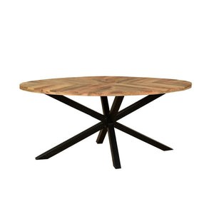 Oval wooden table with black metal legs on a white background