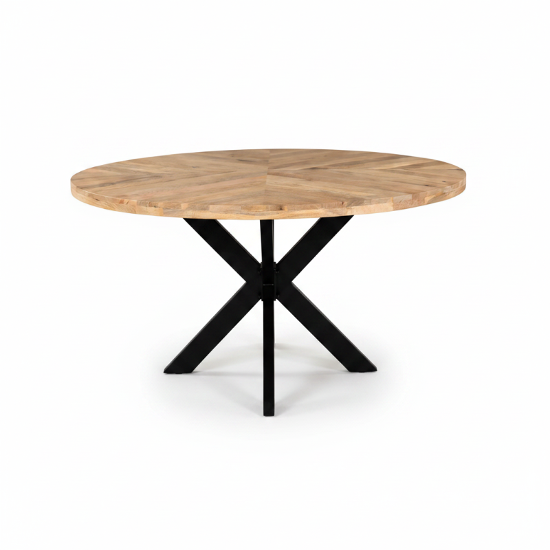Round wooden table with black metal legs on a white background