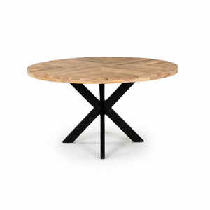 Round wooden table with black metal legs on a white background