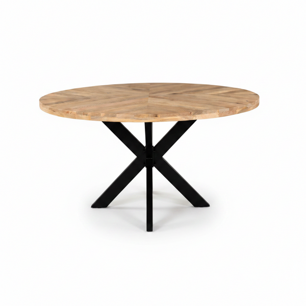 Round wooden table with black metal legs on a white background