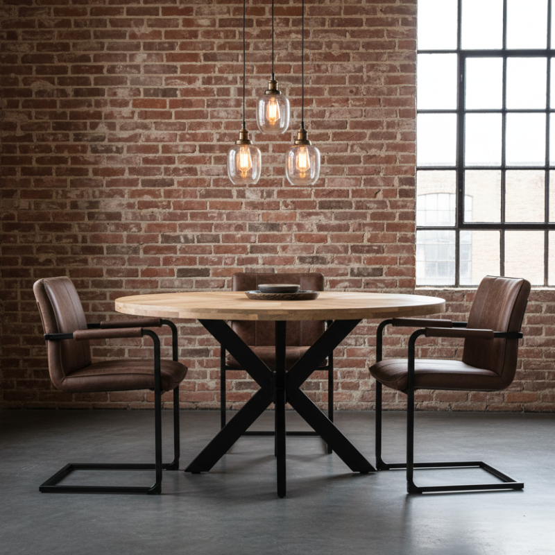 Round wooden table with black metal legs on a white background