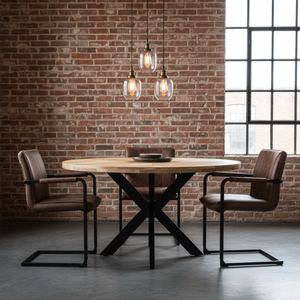 Round wooden table with black metal legs on a white background