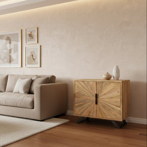Wooden cabinet with sunburst design in a room setting