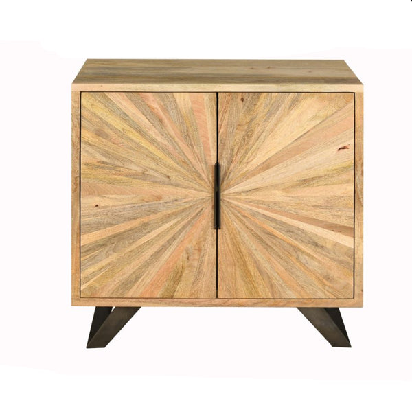 Wooden cabinet with sunburst design on a white background