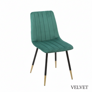 Green velvet chair with black and gold legs on a white background