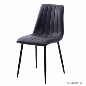 Gray upholstered chair with black legs on a white background