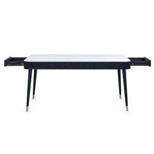 Black desk with white top on a white background