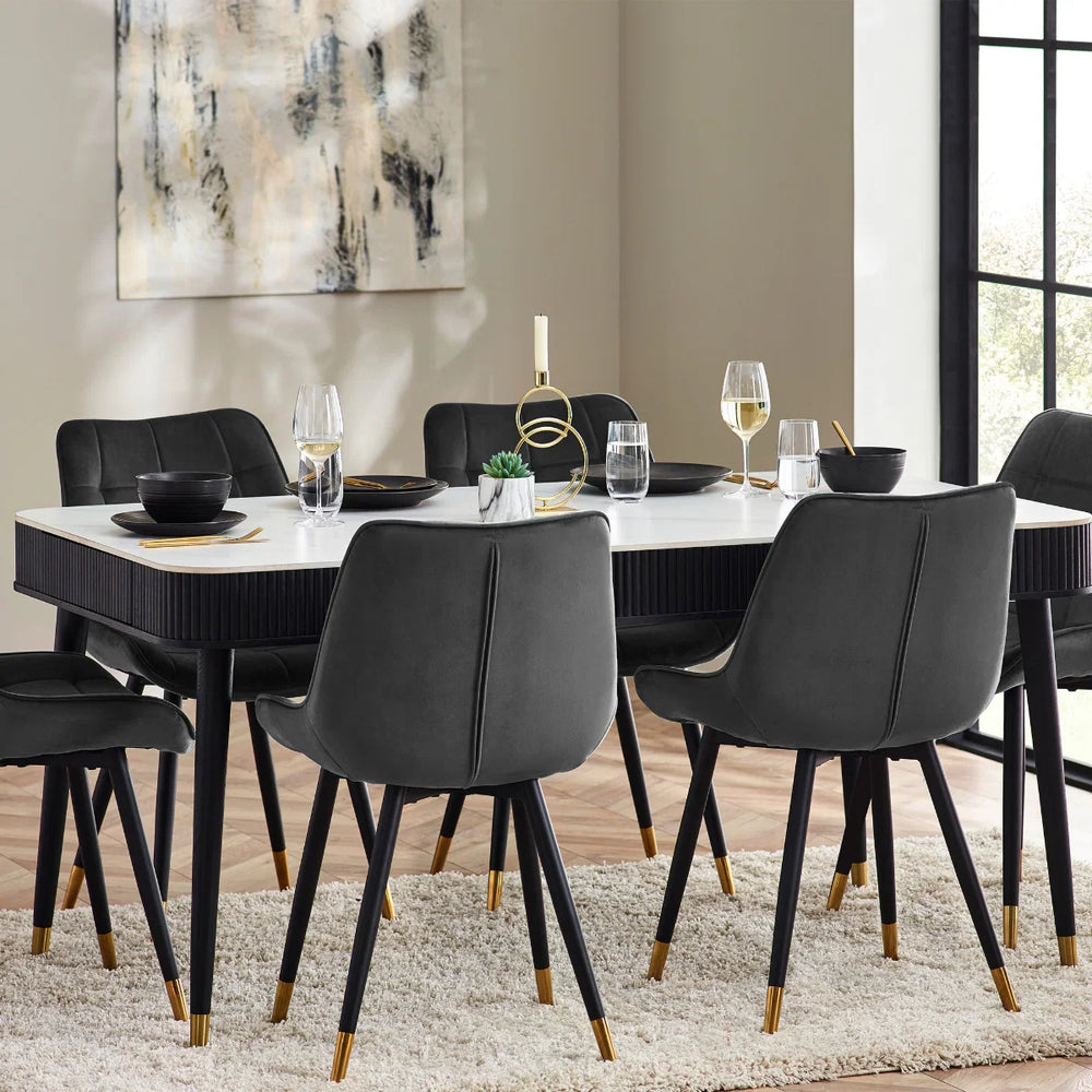 Lulu dining table black wood and marble with fluted detail