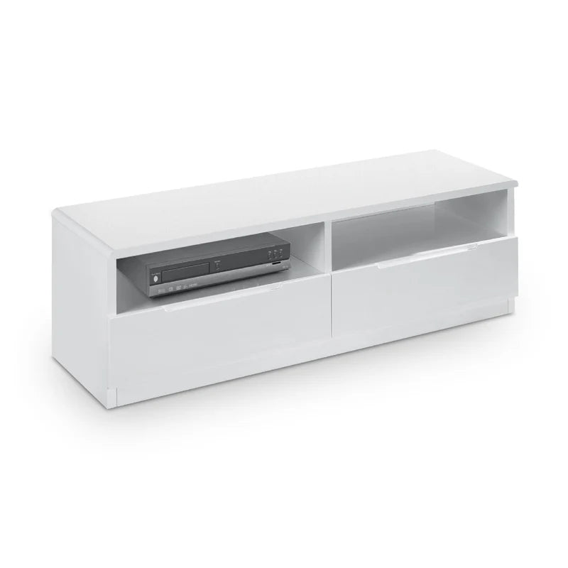 White TV stand with electronic equipment on a white background
