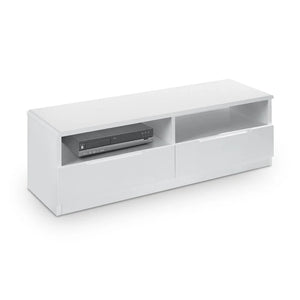 White TV stand with electronic equipment on a white background