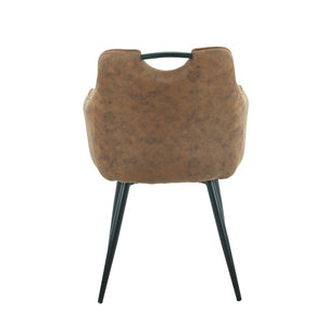 Brown cushioned chair with black legs on a white background