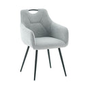 Gray upholstered chair with black legs on a white background