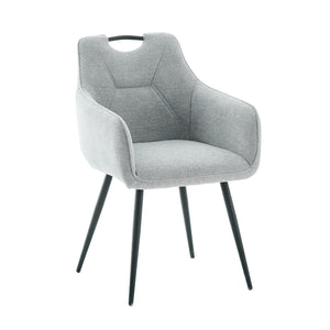 Gray upholstered chair with black legs on a white background