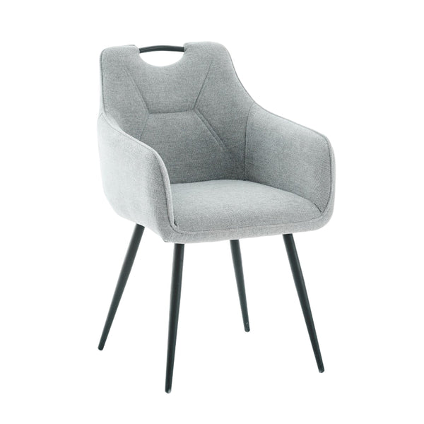 Gray upholstered chair with black legs on a white background