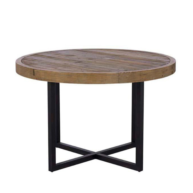 Round wooden table with black metal legs on a white background