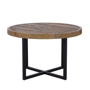 Round wooden table with black metal legs on a white background