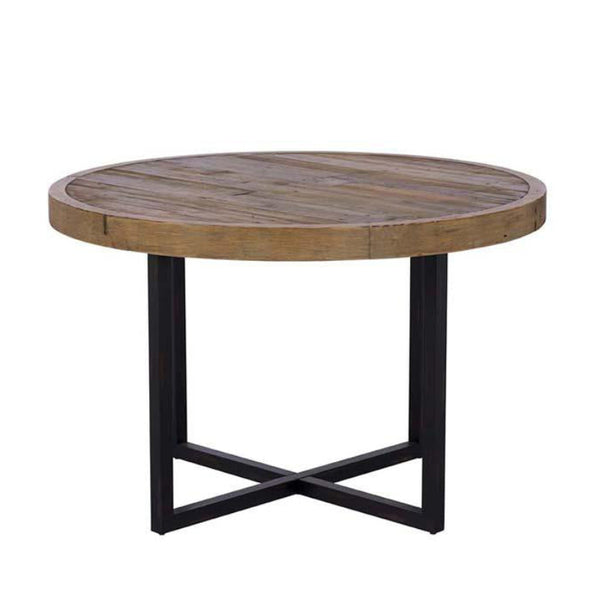 Round wooden table with black metal legs on a white background