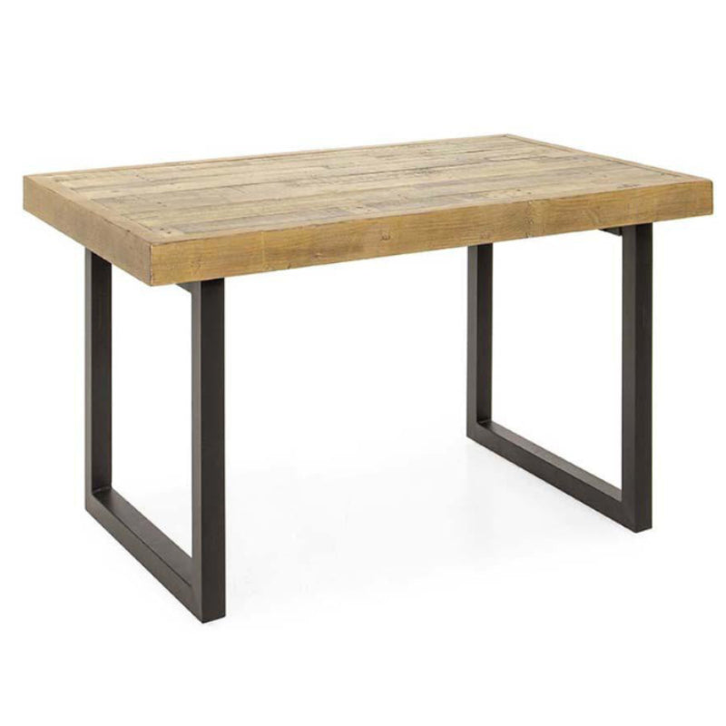 Wooden table with black metal legs on a white background