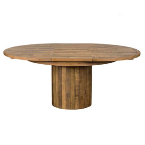 Round wooden dining table on a white background