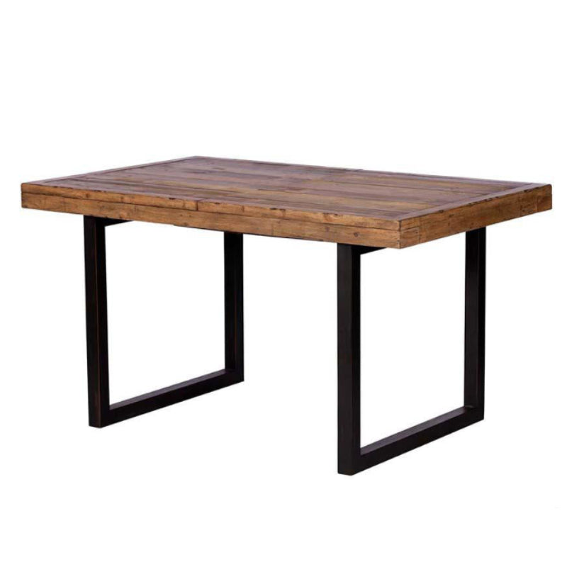 Wooden table with black metal legs on a white background
