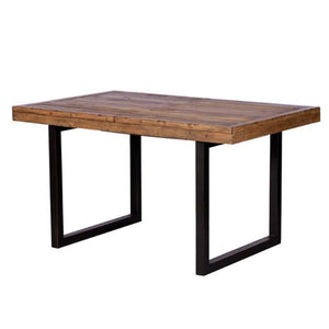 Wooden table with black metal legs on a white background